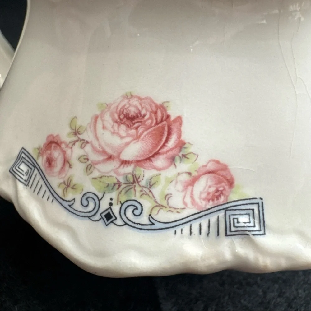 Rare 1941 Homer Laughlin Creamer Pitcher 3 Pink Peonies w/ Blue Geometric Scroll